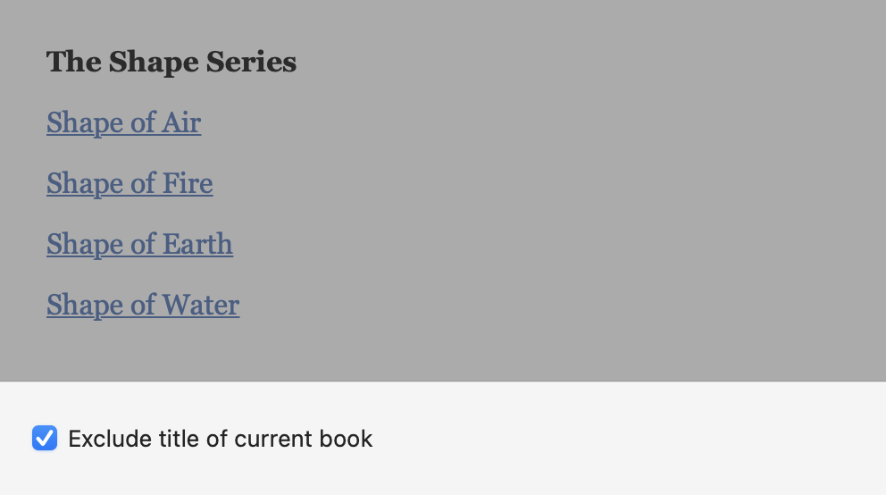 Switch for Exclude title of current book as seen in Also By element