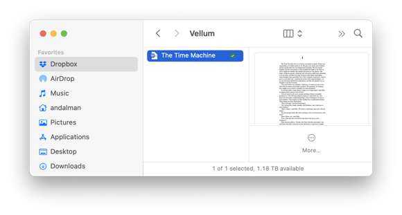 The Dropbox folder on a remote Mac containing a synced copy of a Word manuscript