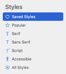 List of Style Categories, including Saved Styles