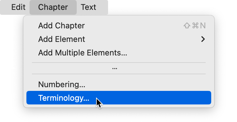 Terminology item selected from the Chapter menu