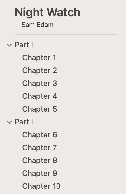 Vellum Navigator showing Part 1, Chapter 1, Chapter 2, etc.