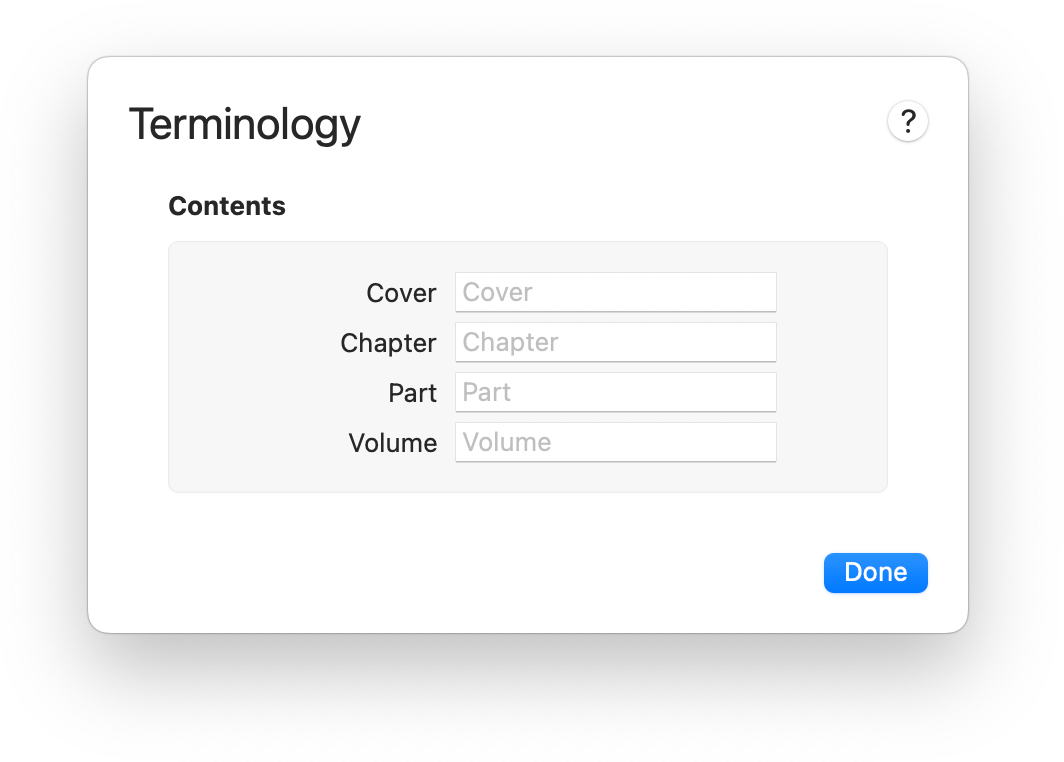 Terminology panel showing default terms for Cover, Chapter, Part, and Volume