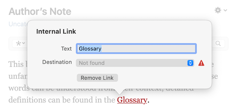 The Internal Link popover showing an invalid destination
