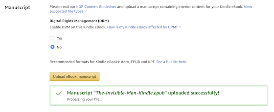 Uploading a mobi file to the KDP dashboard