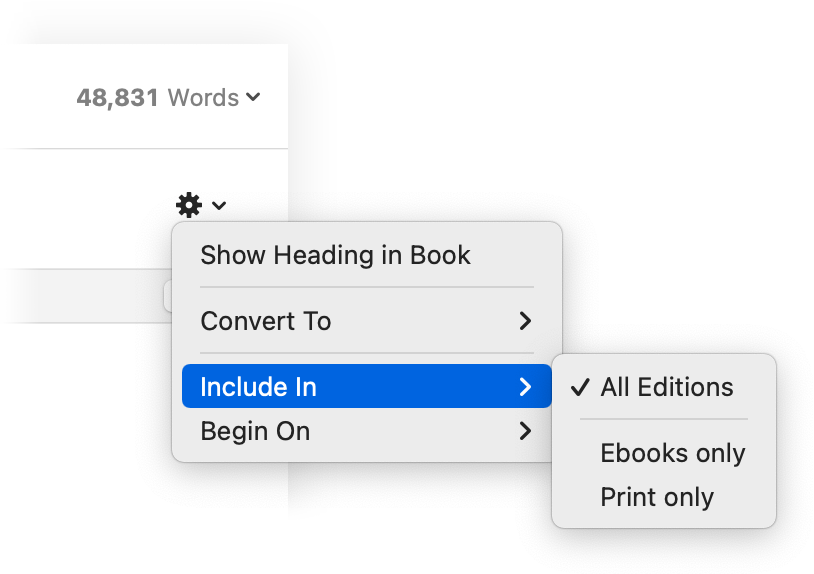 Include In menu can be used to make element ebook or print-specific