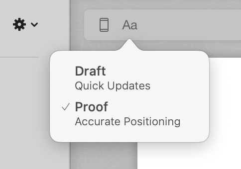 Preview quality popover shows Draft and Proof mode options