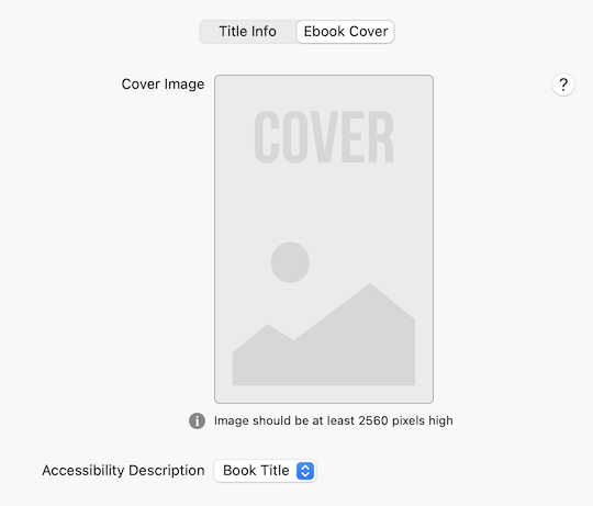 Controls for ebook including a well for cover image, and popup for accessibility description