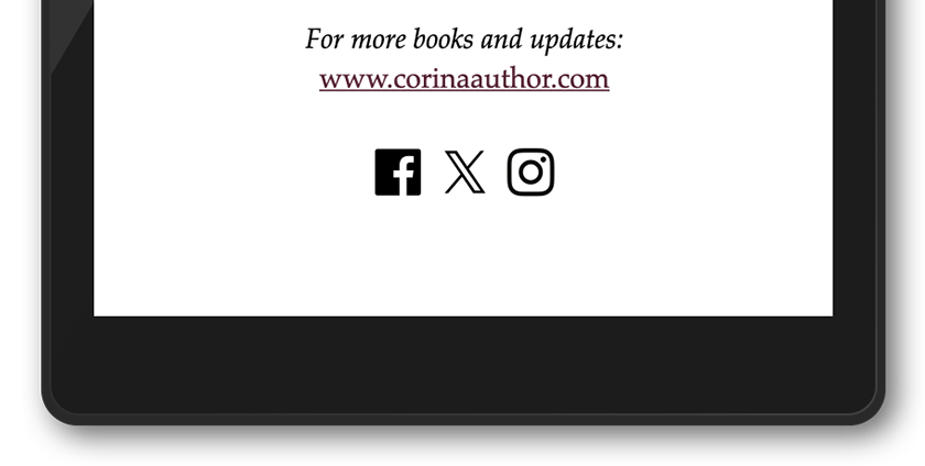 Facebook, X, and Instagram buttons in an ebook