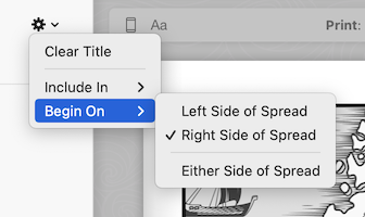Begin On menu showing options for Left, Right, or Either side of Page Spread