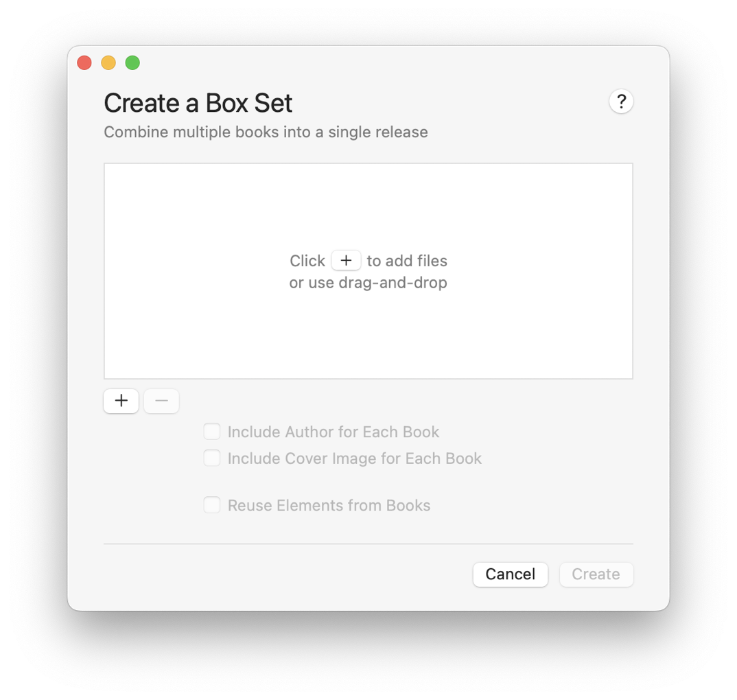Create a Box Set window shown without any files