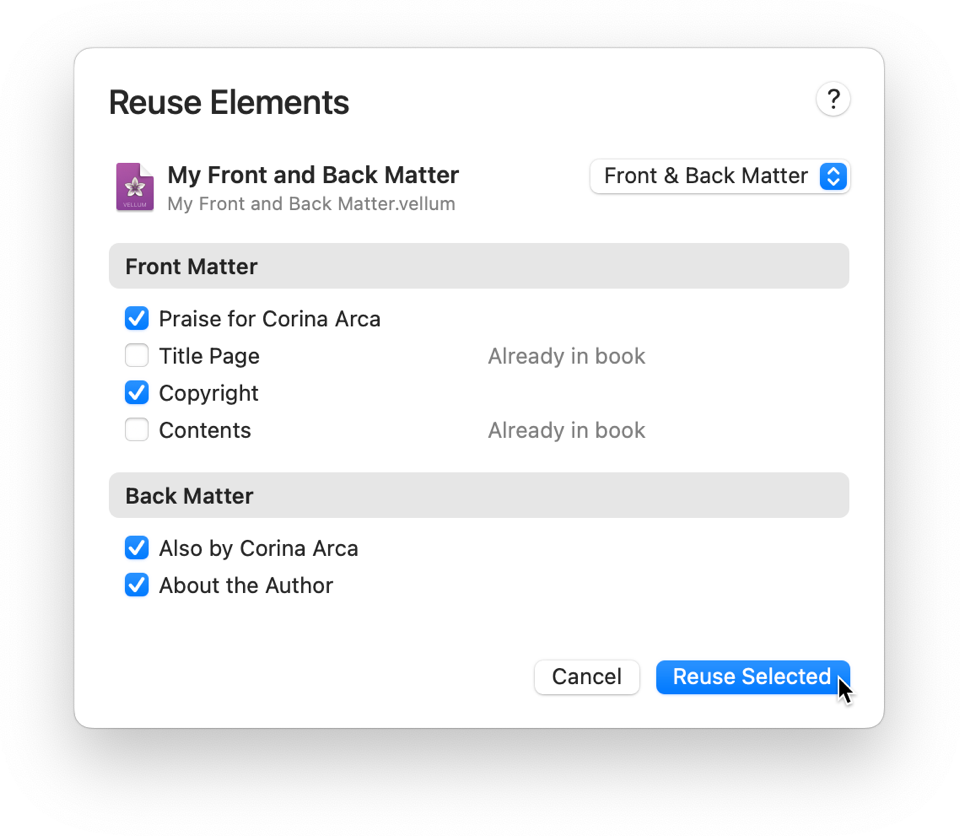 The Reuse Elements prompt, listing elements in the Source File to reuse