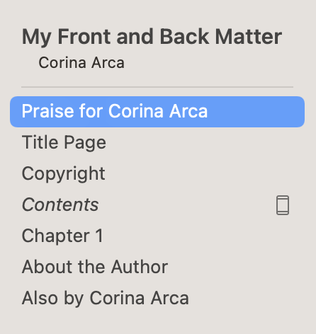 Vellum navigator showing elements like Praise for Corina Arca, Copyright, and Also by Corina Arca