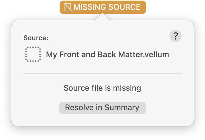 Missing Source status and a Popover displaying option to Resolve
