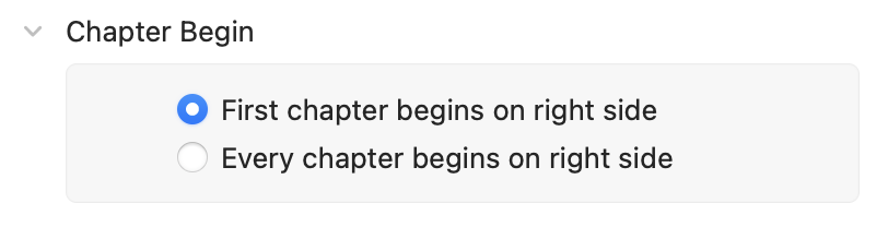 Choose whether the fist chapter or every chapter begins on the right