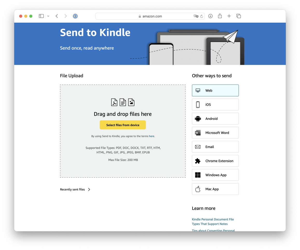 Amazon’s Send to Kindle webpage