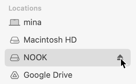 Finder sidebar with pointer hovering over the Nook’s eject button