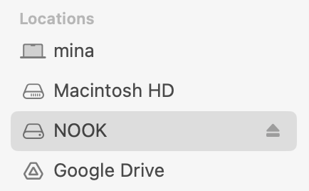 Finder sidebar showing a mounted Nook device
