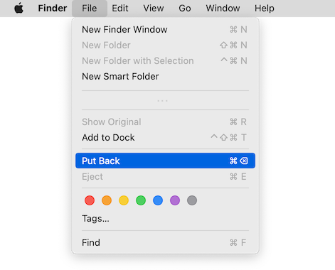 The Put Back command shown in the Finder’s File menu