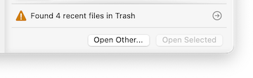 Startup Window warning that four recent files were found in the Trash