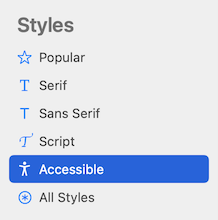 Listing of categories, including Popular, Serif, Sans Serif. Accessible is selected.