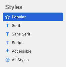 Categories of Styles, including Popular, Serif, Sans Serif, and Script