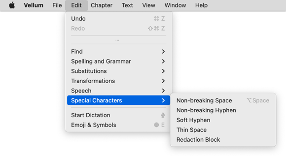 The Special Characters submenu, located in Vellum’s Edit menu