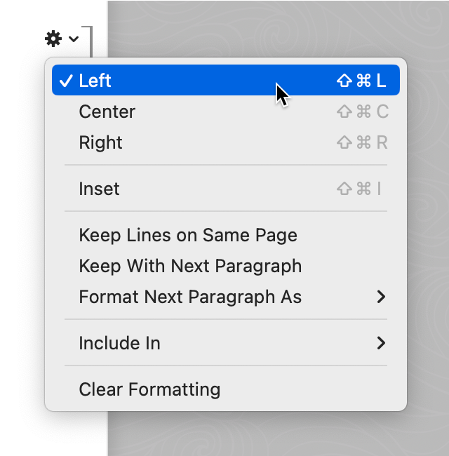 Alignment Block menu shows options for Left, Center, and Right alignment