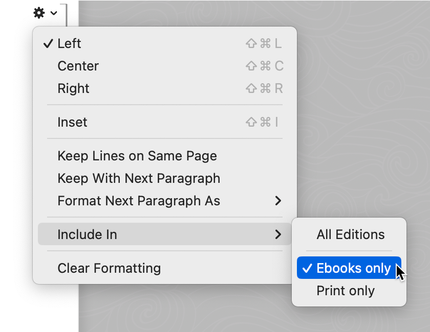 Include In menu shows options for Ebooks only and Print only