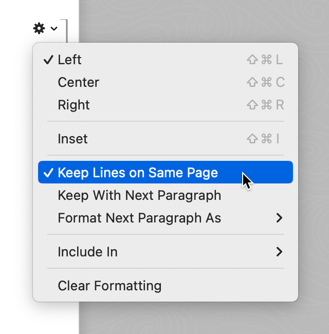 Menu showing Keep Lines on Same Page and Keep With Next Paragraph
