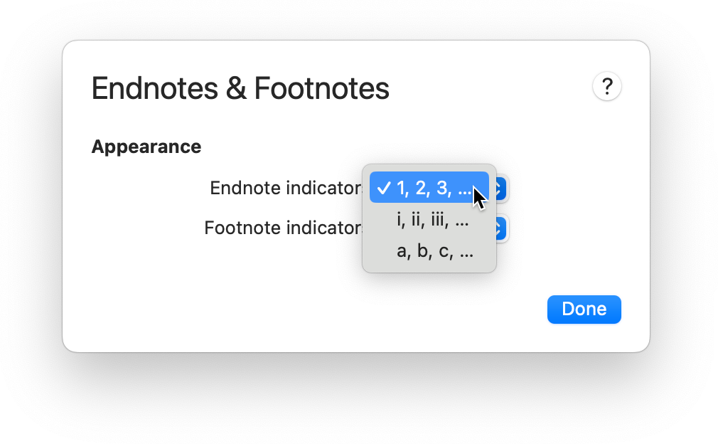 Endnotes and Footnotes panel, displaying options for endnote indicators