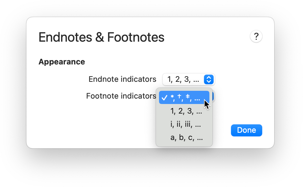 Endnotes and Footnotes panel, displaying options for footnote indicators