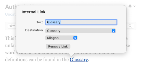 The Internal Link popover showing a Subhead within the destination chapter