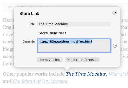 The Store Link popover with a Generic URL