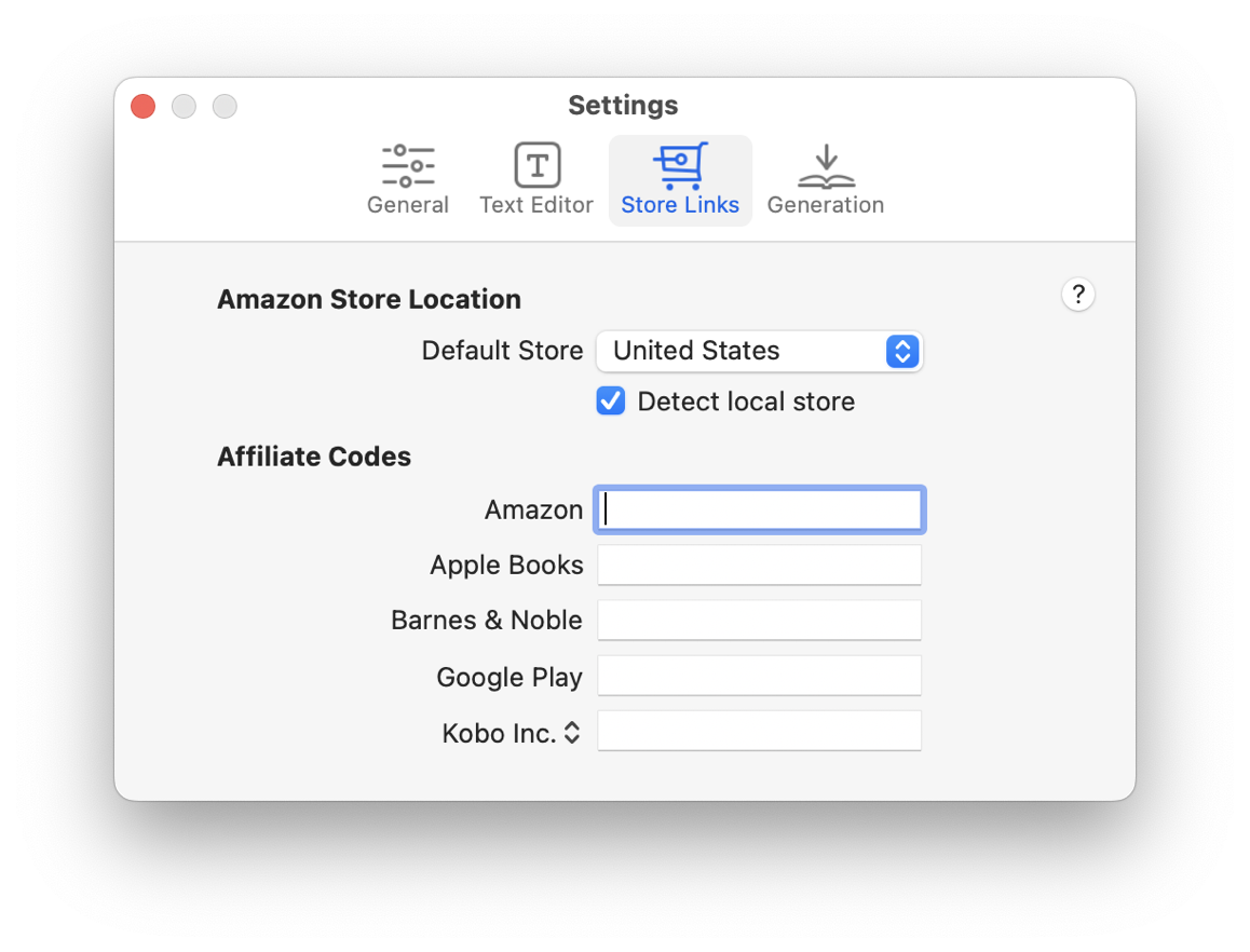 In Store Link Settings, options for Amazon Store Detection and Affiliate Fields
