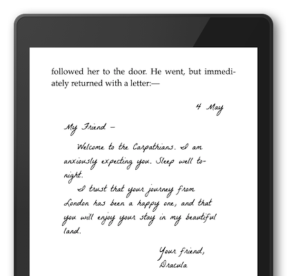 A Written Note, in a cursive font, shown in an ebook on a Kindle