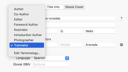 Popup menu showing roles for a contributor, including Author, Editor, Photographer, and Translator