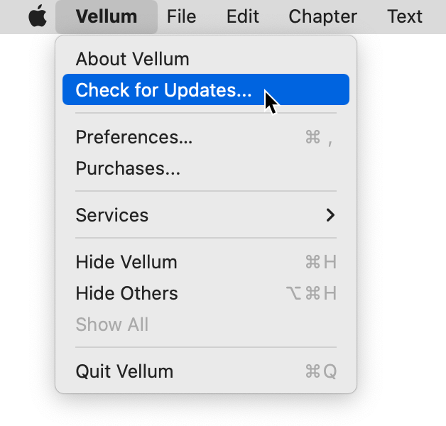Check for Updates menu item within Vellum