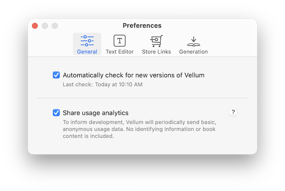 Vellum's General Preferenes includes an option to Automatically Check for Updates